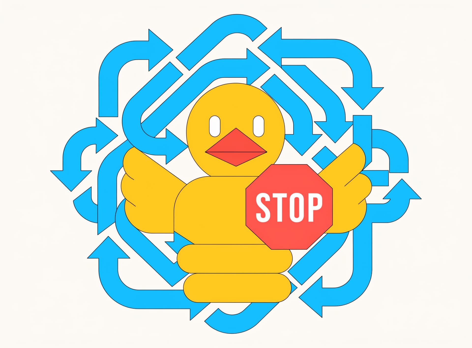 Playful illustration of a rubber duck stopping a loop spiral