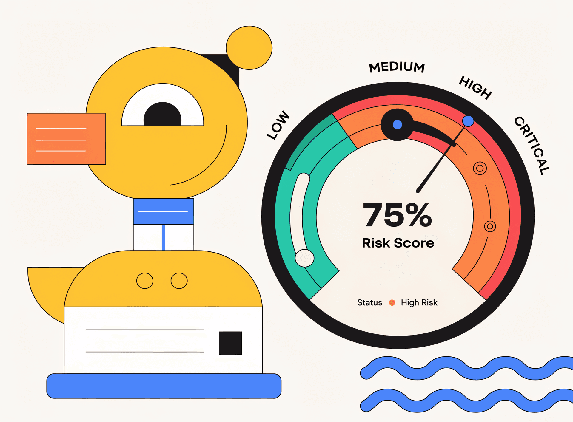 Playful risk score gauge with duck-themed color segments